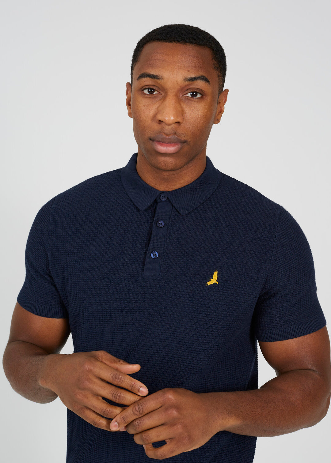 EMBROIDERED WAFFLE KNIT POLO SHIRT, MIDNIGHT NAVY AND DARK SAGE