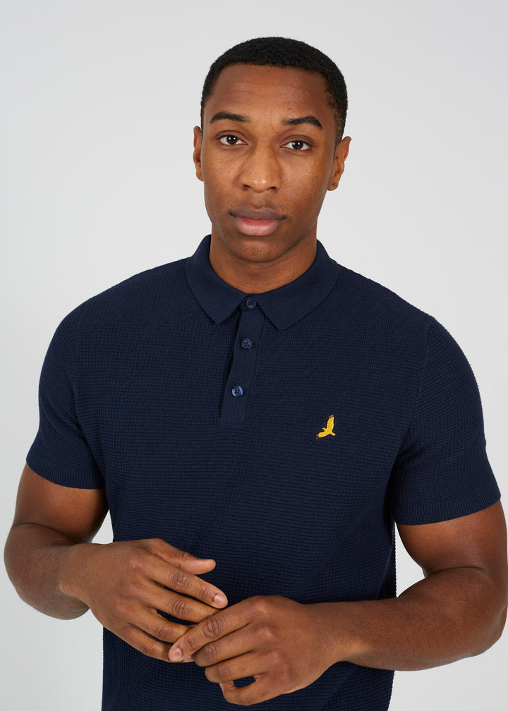 EMBROIDERED WAFFLE KNIT POLO SHIRT, MIDNIGHT NAVY AND DARK SAGE