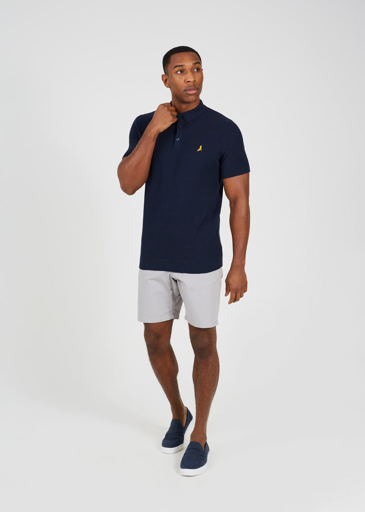 EMBROIDERED WAFFLE KNIT POLO SHIRT, MIDNIGHT NAVY AND DARK SAGE