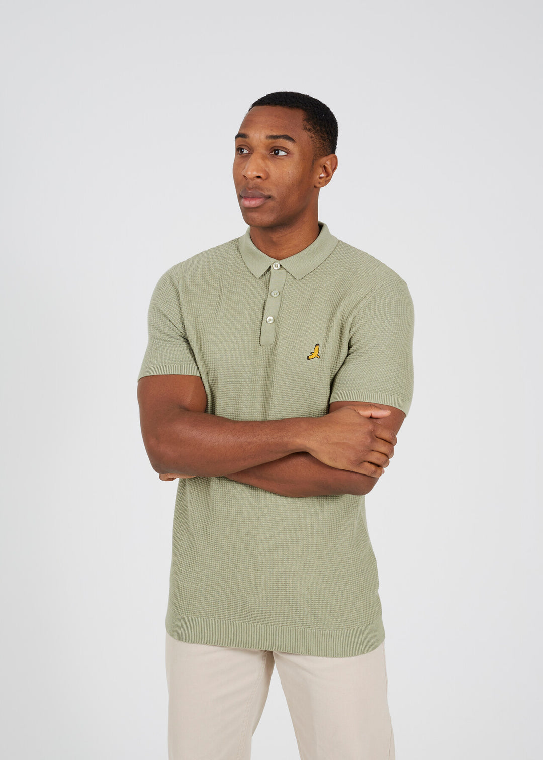 EMBROIDERED WAFFLE KNIT POLO SHIRT, MIDNIGHT NAVY AND DARK SAGE