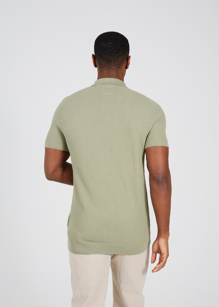 EMBROIDERED WAFFLE KNIT POLO SHIRT, MIDNIGHT NAVY AND DARK SAGE