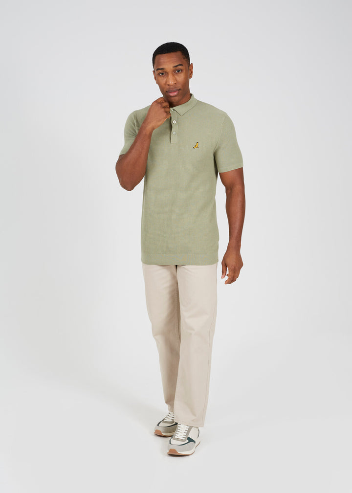 EMBROIDERED WAFFLE KNIT POLO SHIRT, MIDNIGHT NAVY AND DARK SAGE