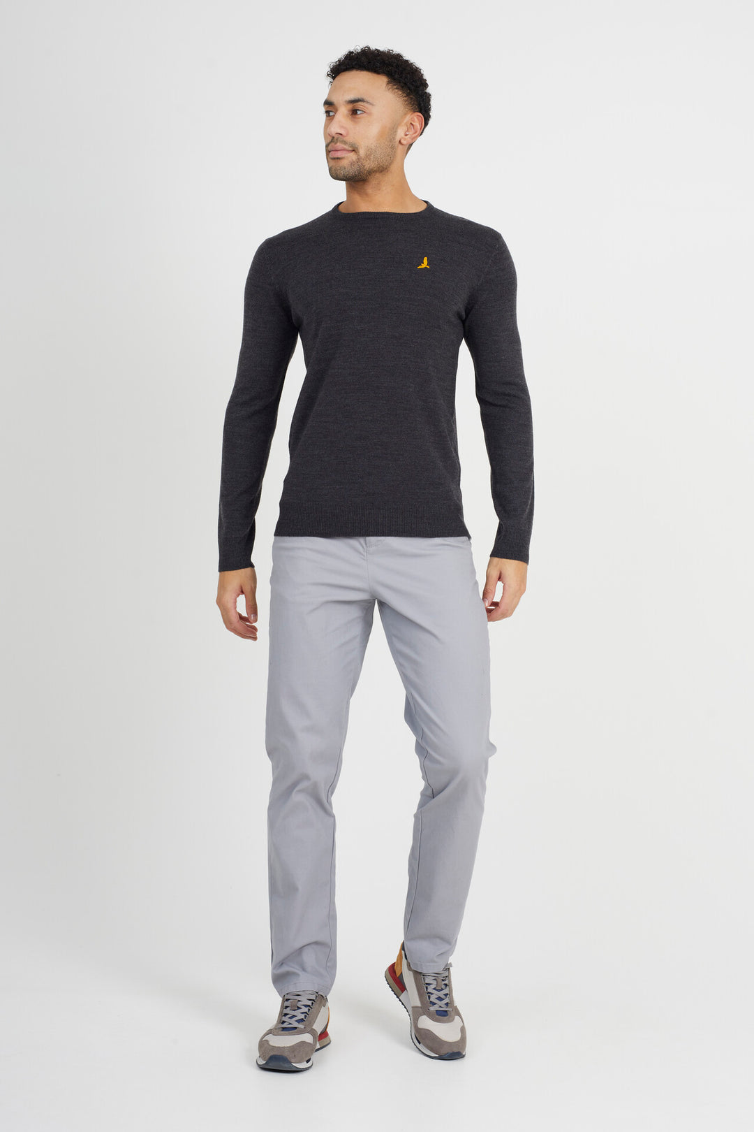 DARK CHARCOAL MARL JUMPER WITH CHEST BADGE DETAIL