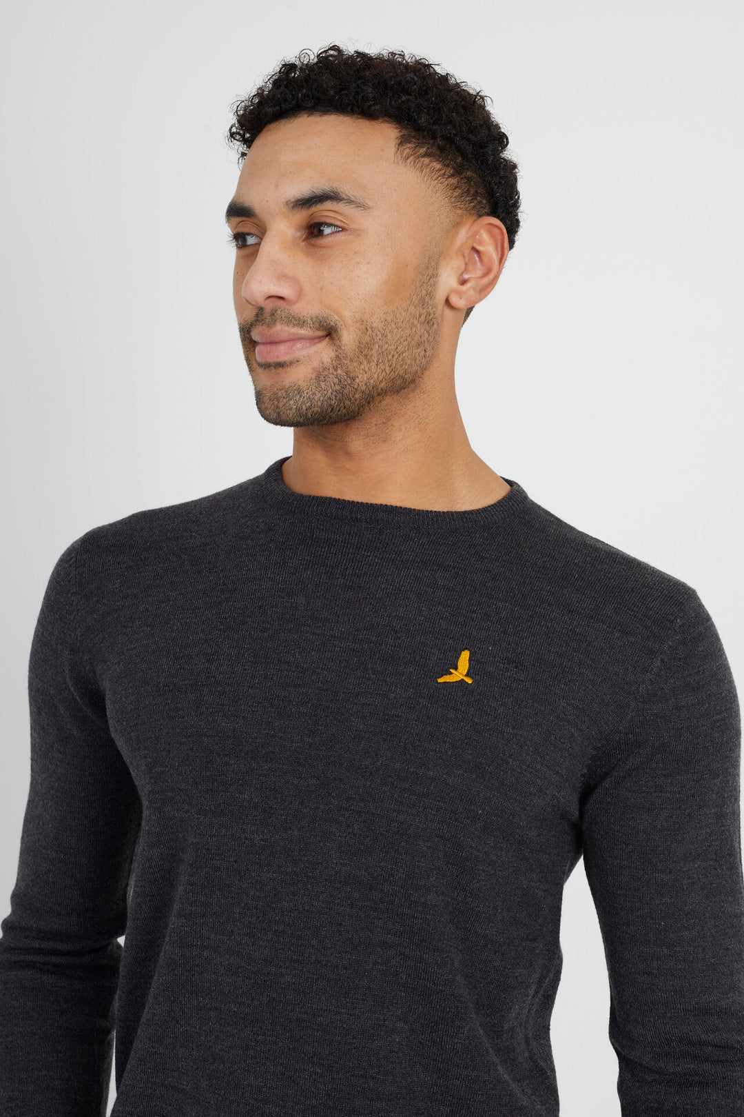 DARK CHARCOAL MARL JUMPER WITH CHEST BADGE DETAIL
