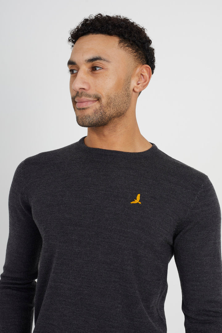 DARK CHARCOAL MARL JUMPER WITH CHEST BADGE DETAIL