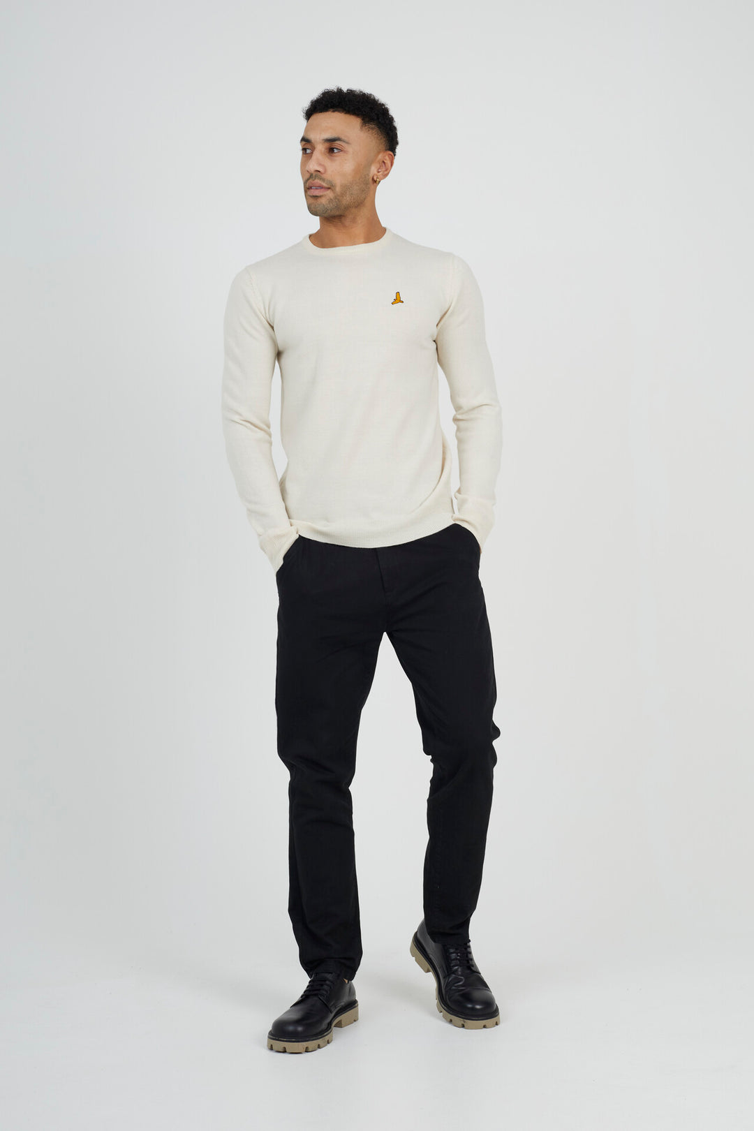 OATMEAL GREY MARL JUMPER WITH CHEST BADGE DETAIL