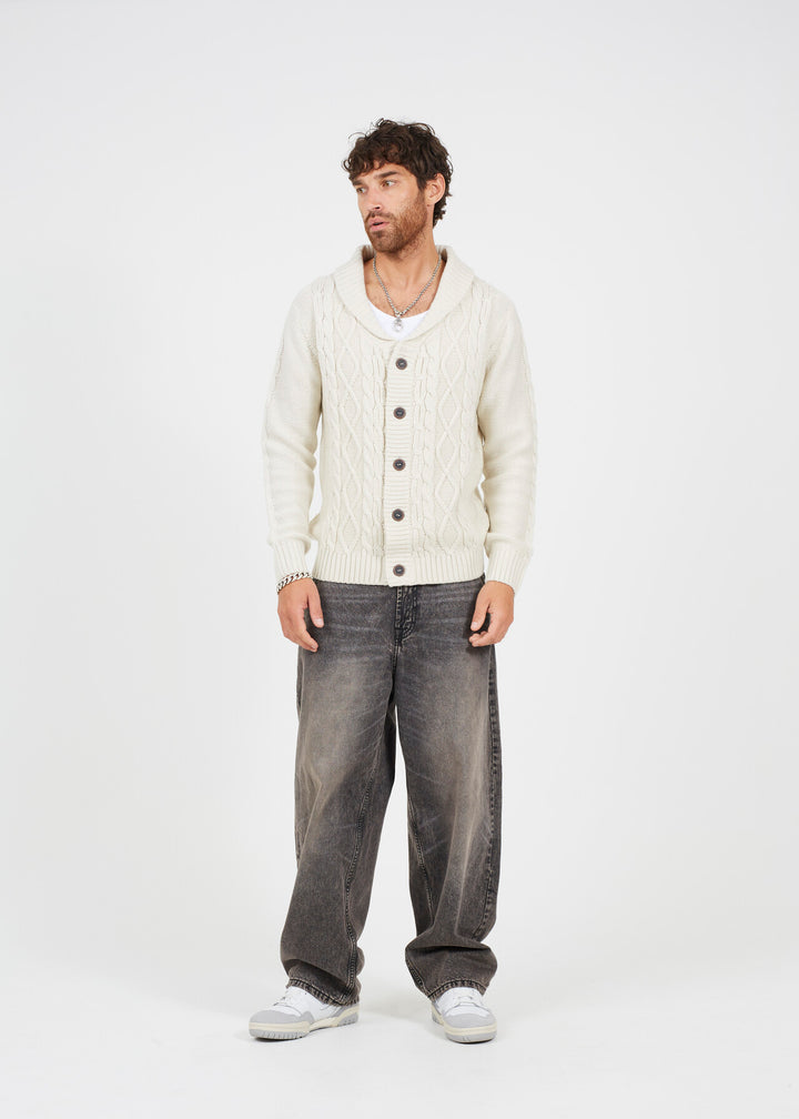 SHAWL NECK CARDIGAN WITH CABLE KNIT DETAIL