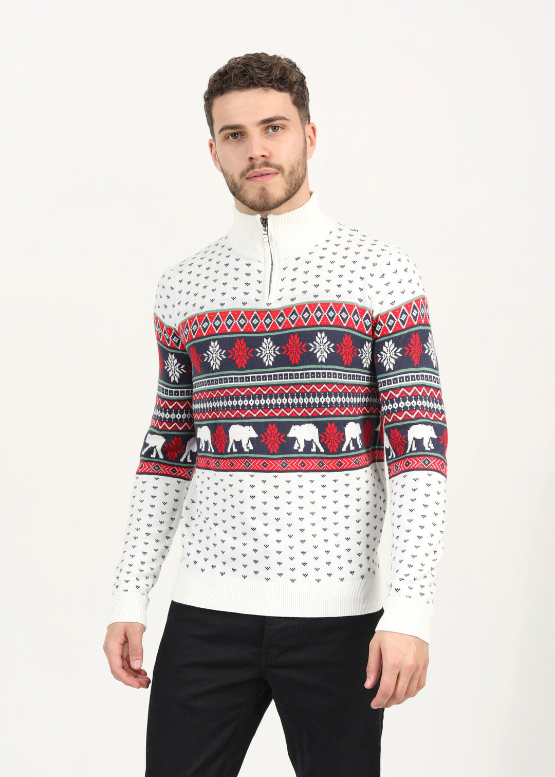 FUNNEL NECK CHRISTMAS FAIRISLE JUMPER WITH ZIP, ECRU