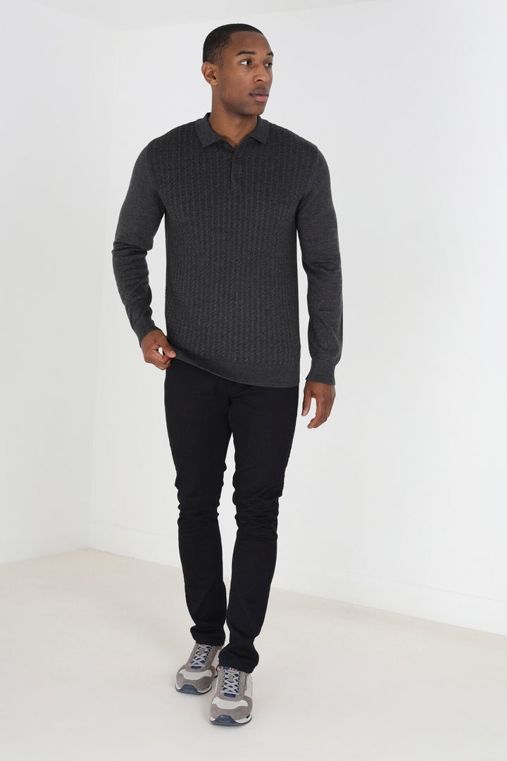TEXTURED FRONT PANEL JUMPER WITH BUTTON COLLAR