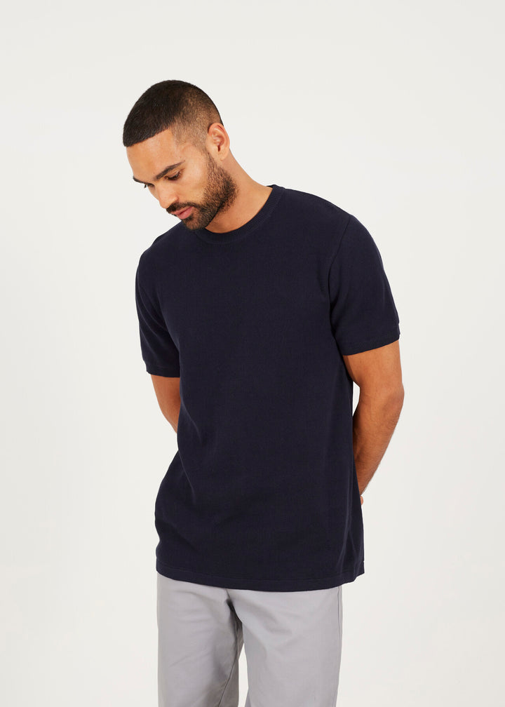 KNITTED T-SHIRT, MIDNIGHT NAVY AND SILVER GREY MARL