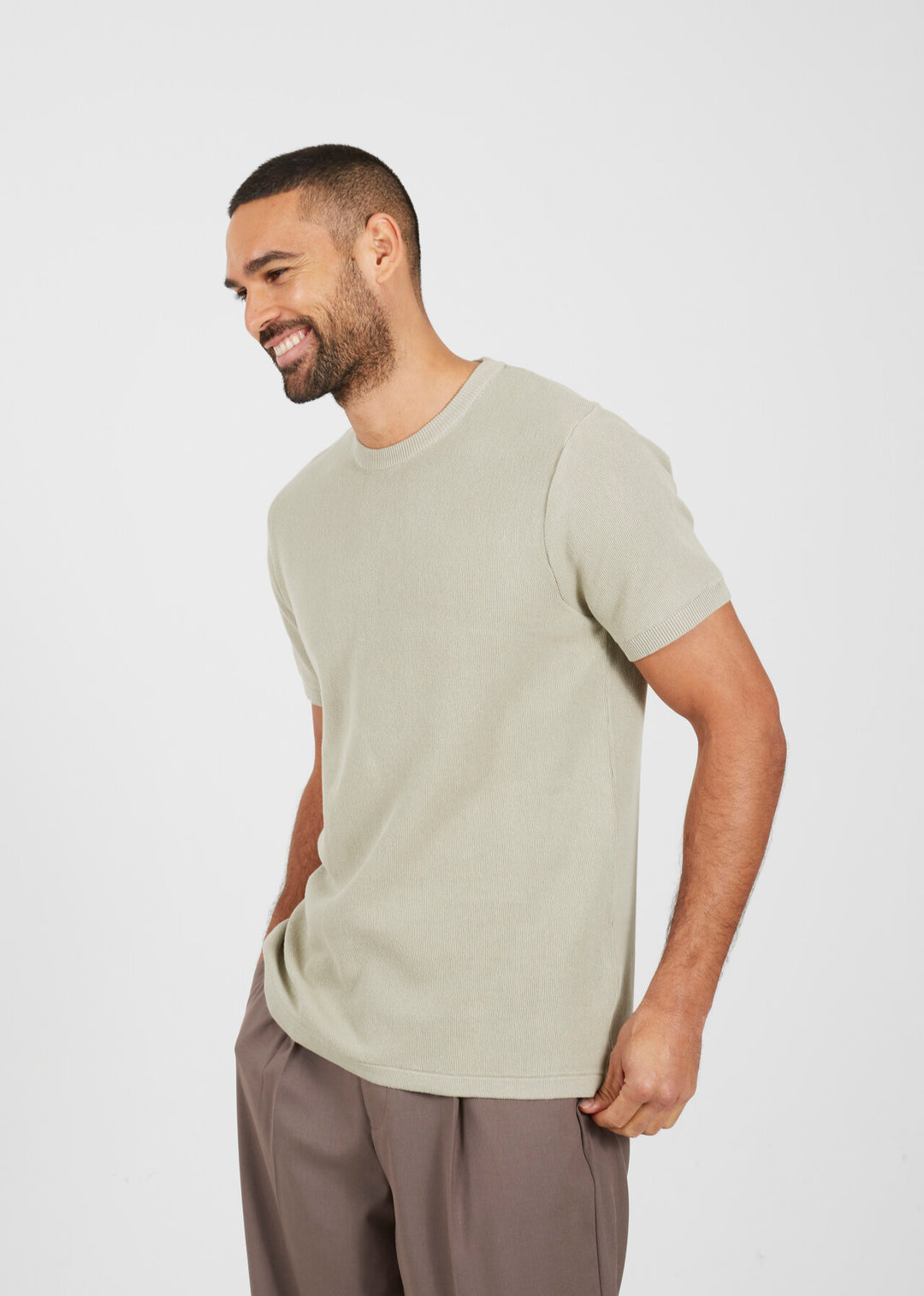 KNITTED T-SHIRT, LIGHT GREEN AND CREAM
