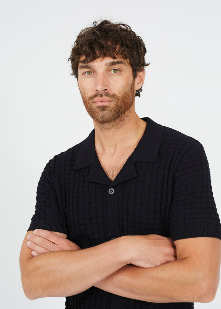 BUTTON DOWN REVERE COLLAR KNITWEAR, BLACK