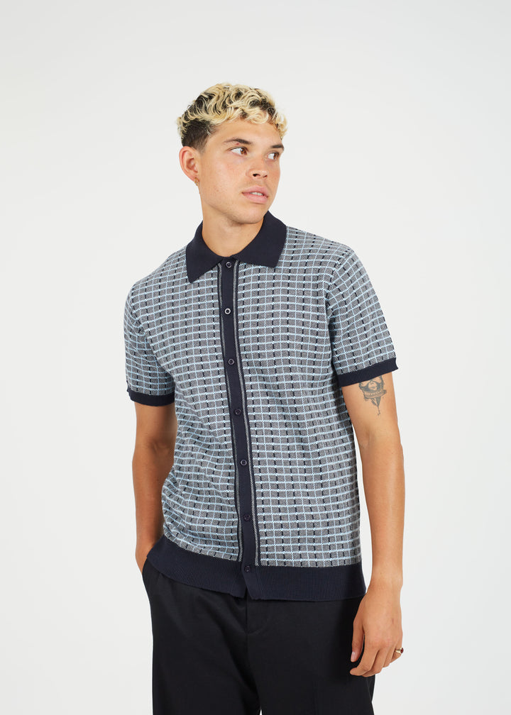 SHORT SLEEVED JACQUARD KNIT POLO SHIRT, NAVY
