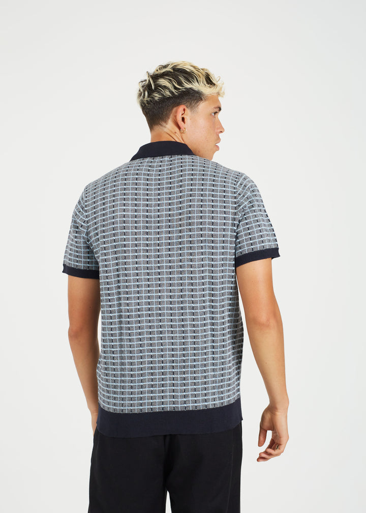 SHORT SLEEVED JACQUARD KNIT POLO SHIRT, NAVY