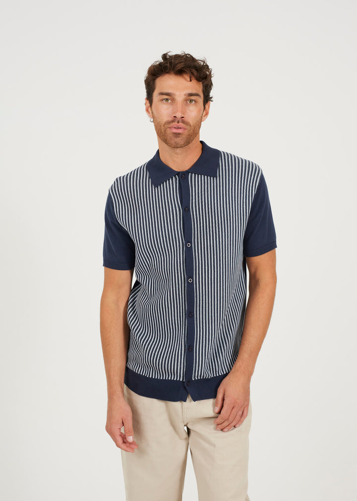 KNITTED STRIPED BUTTON DOWN SHIRT