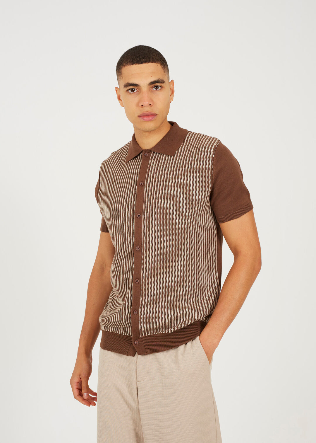 KNITTED STRIPED BUTTON DOWN SHIRT