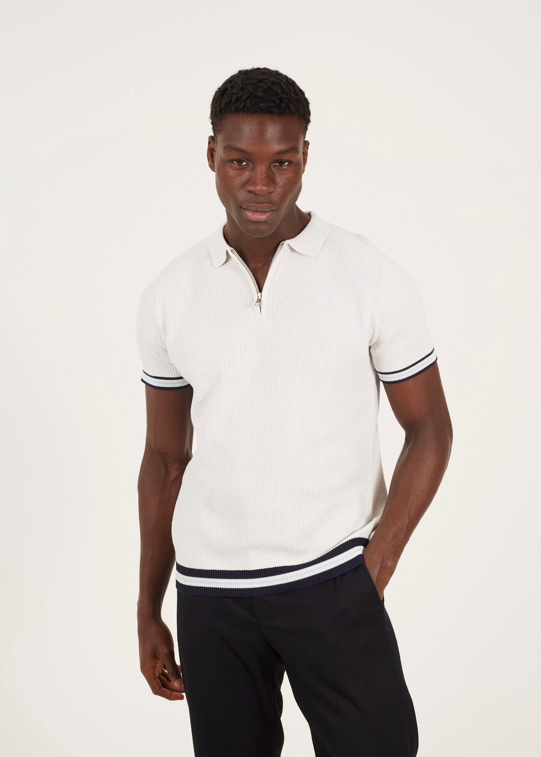 KNITTED POLO NECK WITH STRIPED TIPPING