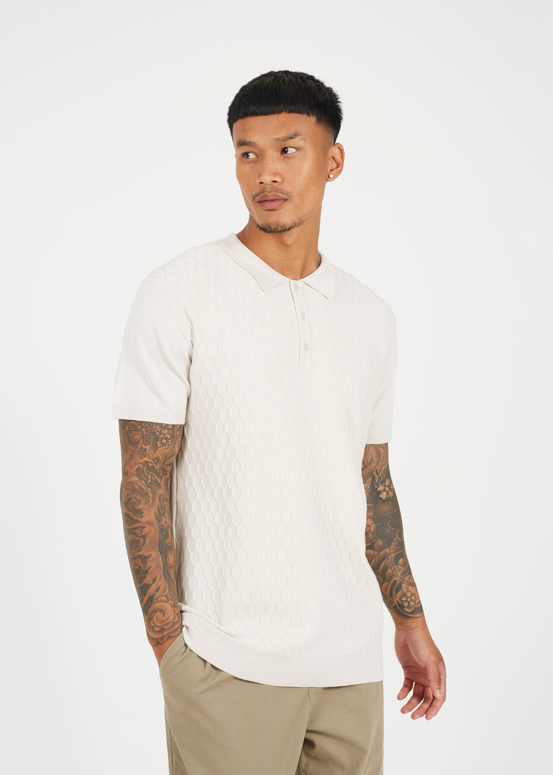 JACQUARD KNITTED POLO SHIRT, OATMEAL