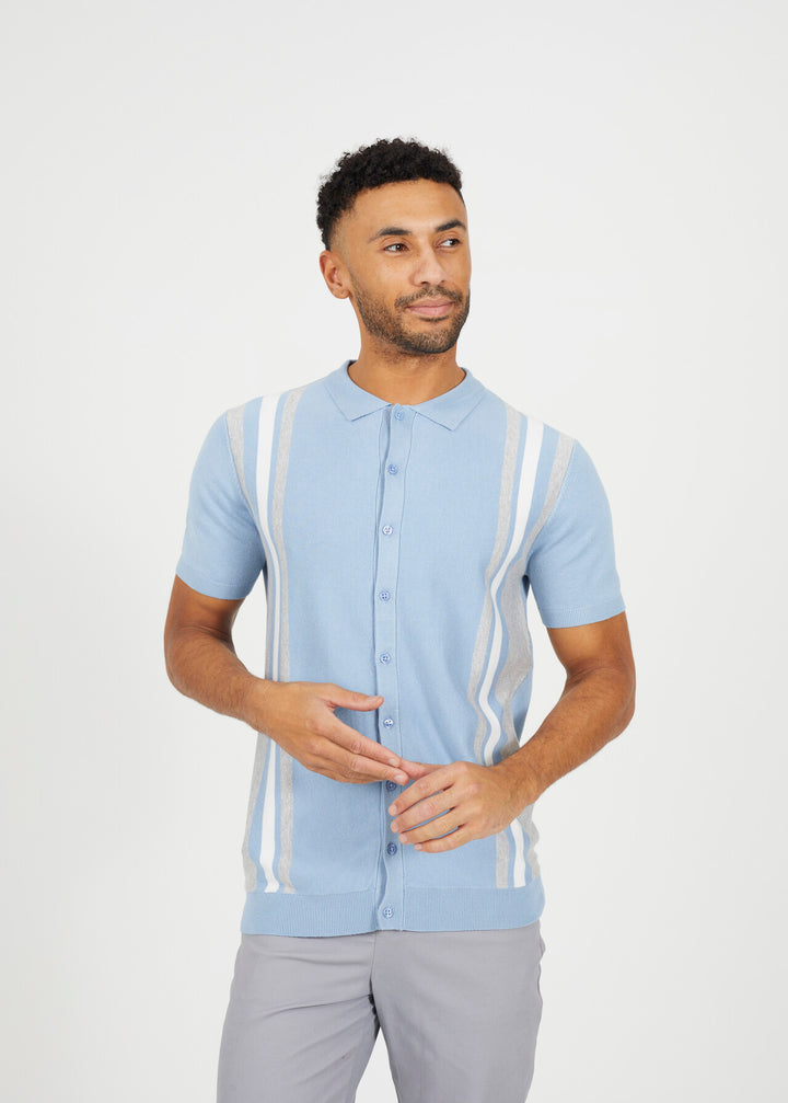 STRIPE KNITTED BUTTON DOWN POLO SHIRT, STEEL BLUE