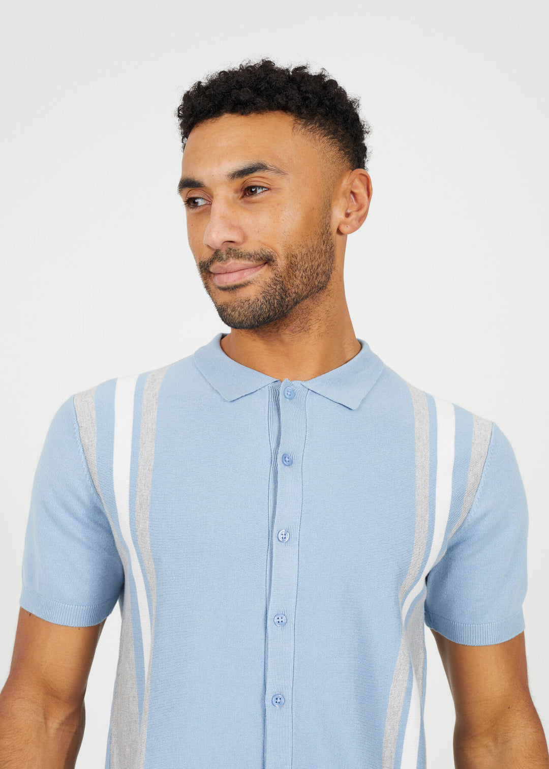 STRIPE KNITTED BUTTON DOWN POLO SHIRT, STEEL BLUE