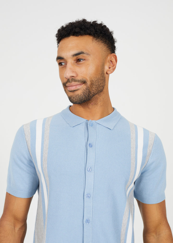 STRIPE KNITTED BUTTON DOWN POLO SHIRT, STEEL BLUE