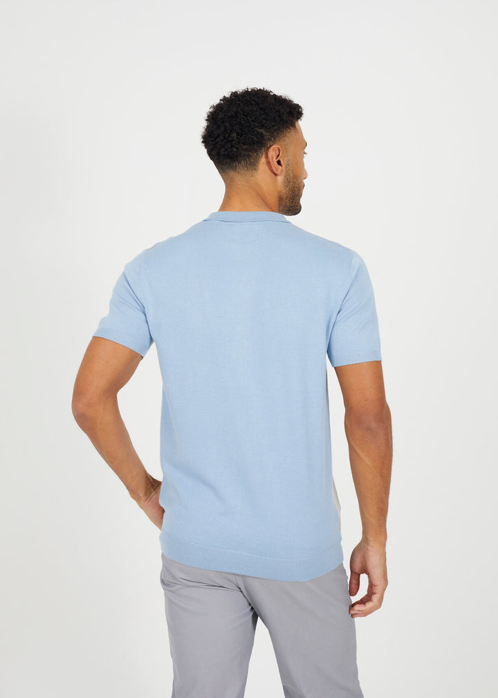 STRIPE KNITTED BUTTON DOWN POLO SHIRT, STEEL BLUE