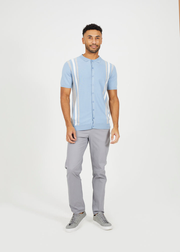 STRIPE KNITTED BUTTON DOWN POLO SHIRT, STEEL BLUE