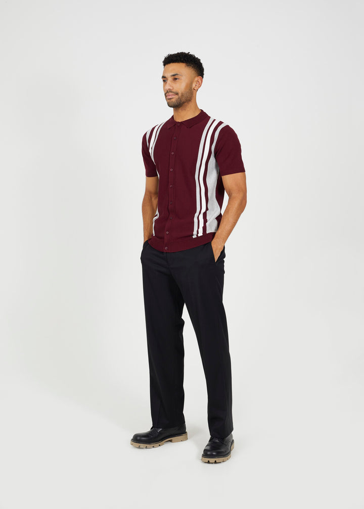 STRIPE KNITTED BUTTON DOWN POLO SHIRT, BURGANDY