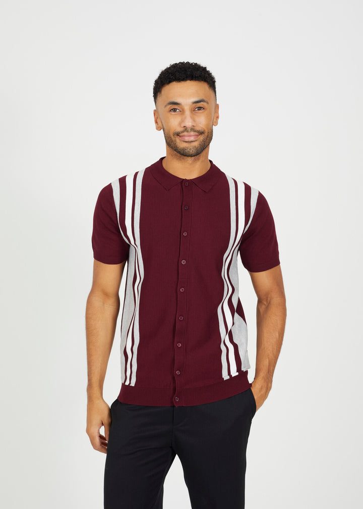 STRIPE KNITTED BUTTON DOWN POLO SHIRT, BURGANDY