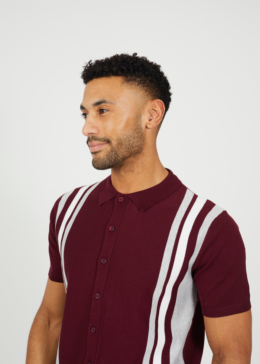 STRIPE KNITTED BUTTON DOWN POLO SHIRT, BURGANDY
