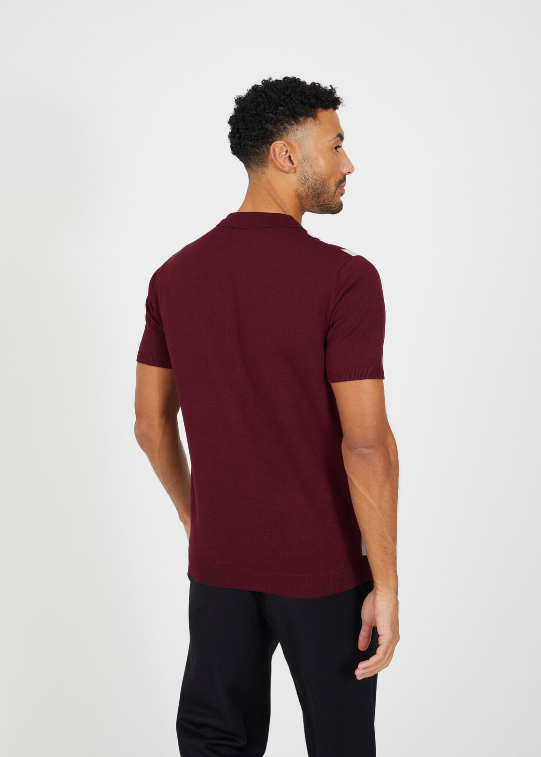 STRIPE KNITTED BUTTON DOWN POLO SHIRT, BURGANDY