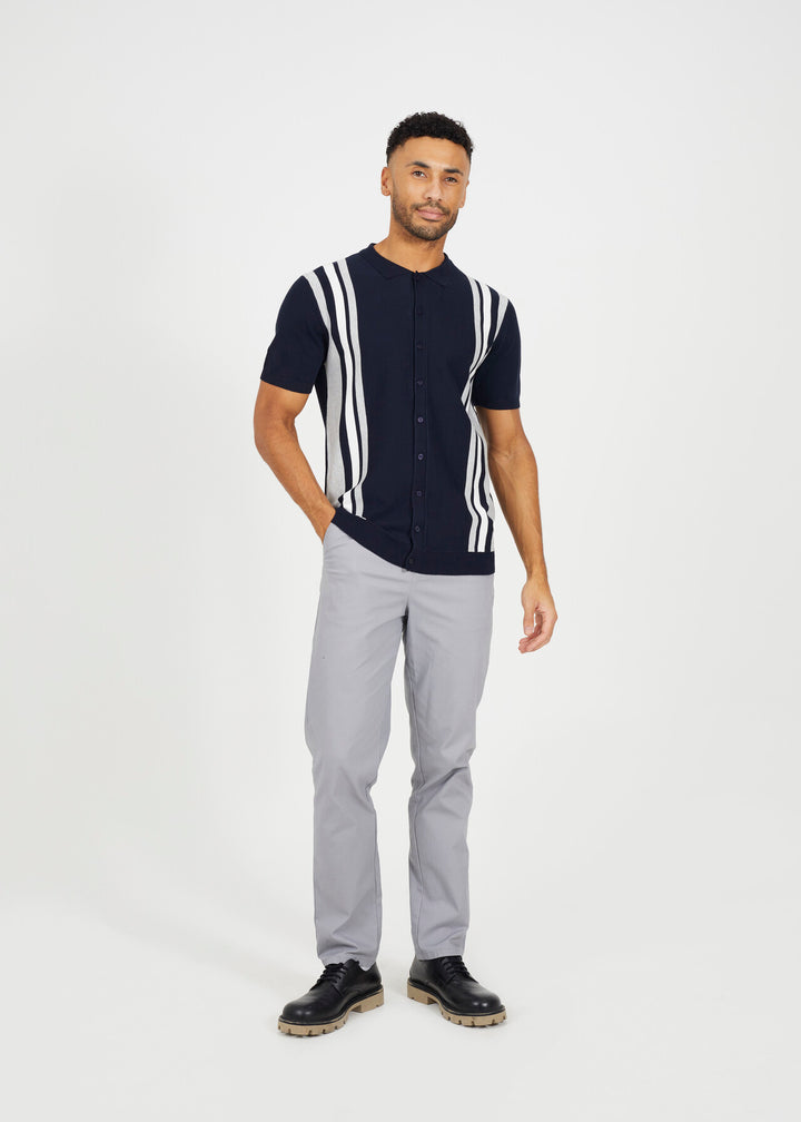 STRIPE KNITTED BUTTON DOWN POLO SHIRT, NAVY
