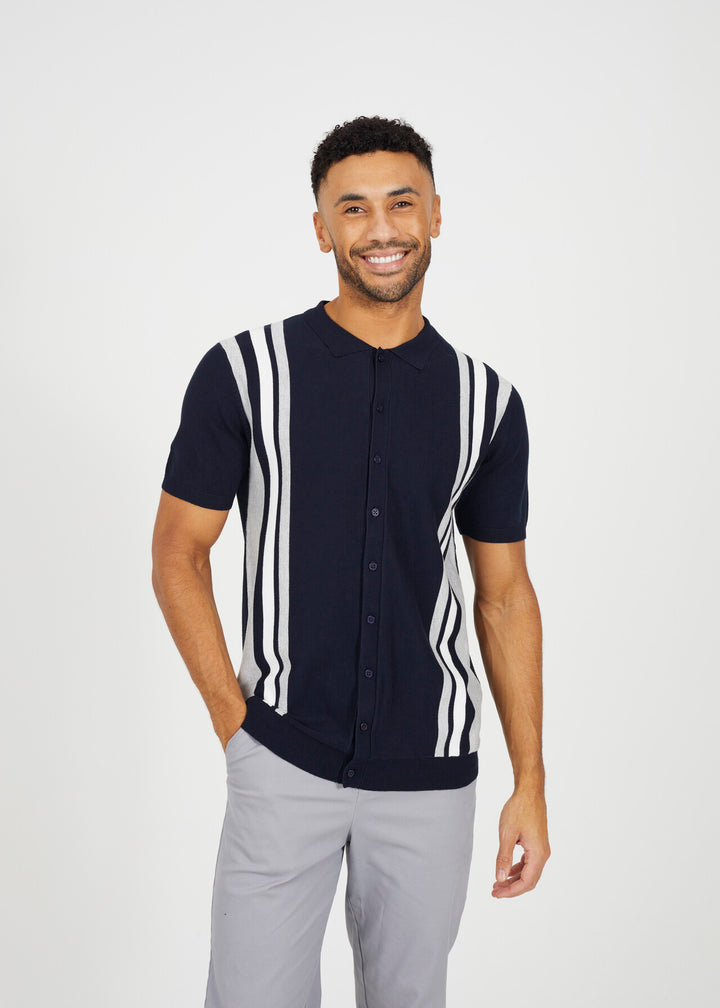STRIPE KNITTED BUTTON DOWN POLO SHIRT, NAVY
