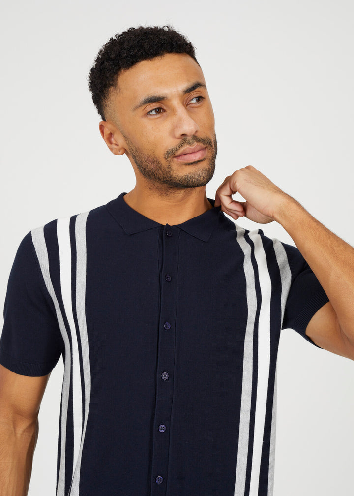 STRIPE KNITTED BUTTON DOWN POLO SHIRT, NAVY