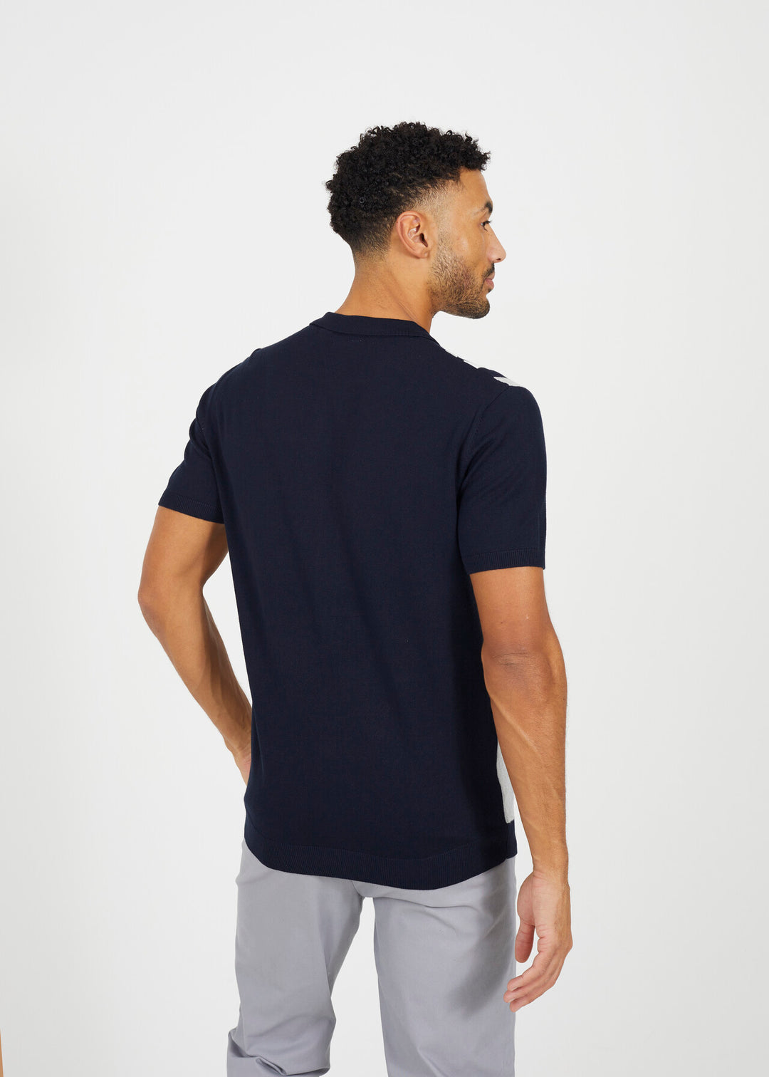 STRIPE KNITTED BUTTON DOWN POLO SHIRT, NAVY