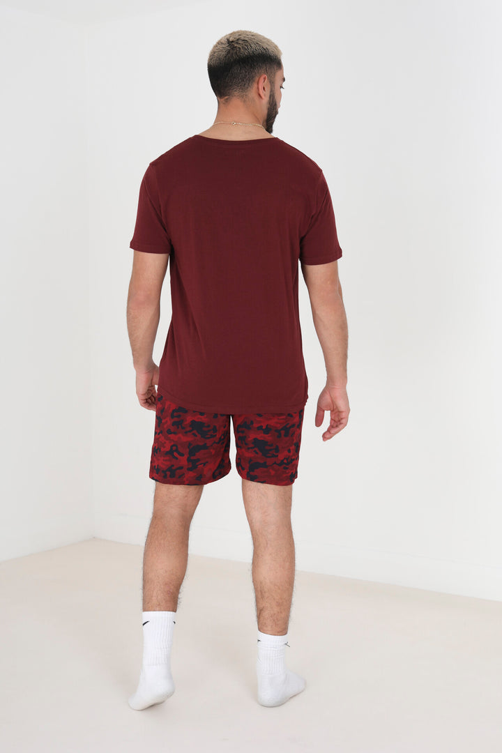 BURGUNDY CAMOUFLAGE PRINT SHORT LOUNGEWEAR SET