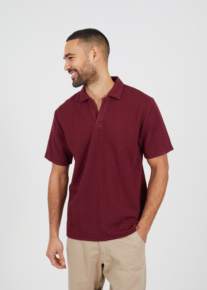 JACQAURD SHORT SLEEVE POLO NECK, LIGHT BURGANDY