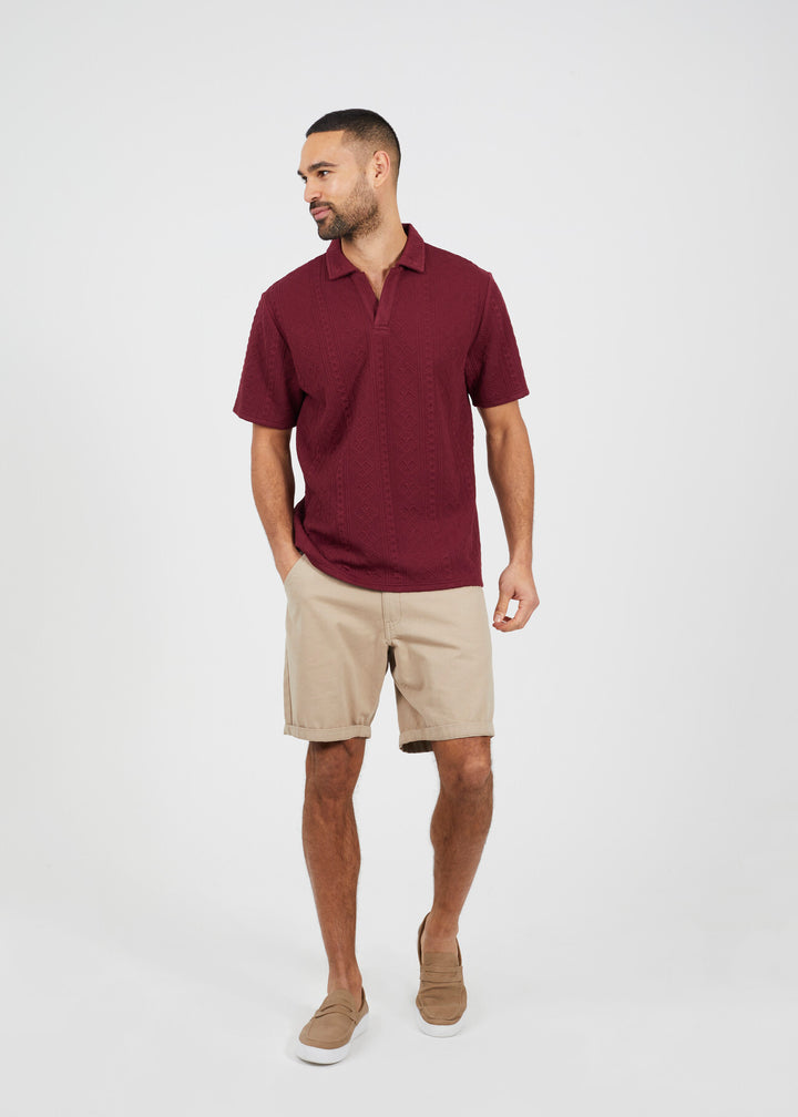 JACQAURD SHORT SLEEVE POLO NECK, LIGHT BURGANDY