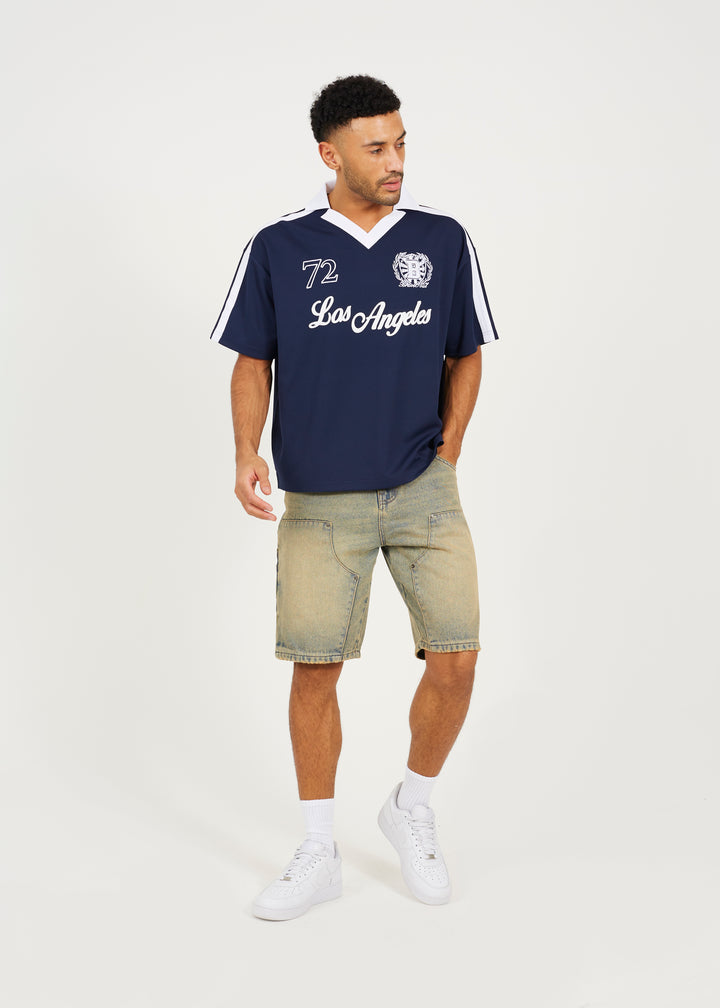 V-NECK FOOTBALL JERSEY STYLE POLO SHIRT, NAVY