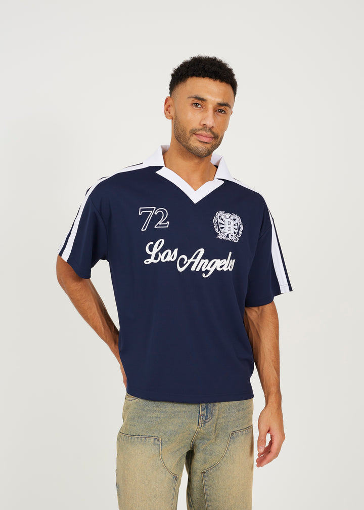 V-NECK FOOTBALL JERSEY STYLE POLO SHIRT, NAVY