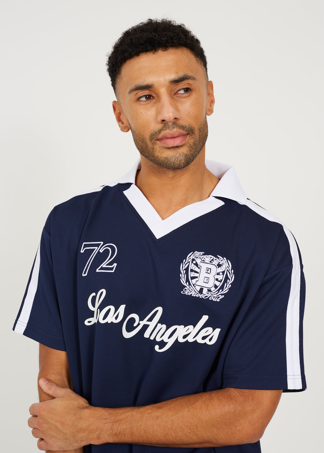 V-NECK FOOTBALL JERSEY STYLE POLO SHIRT, NAVY