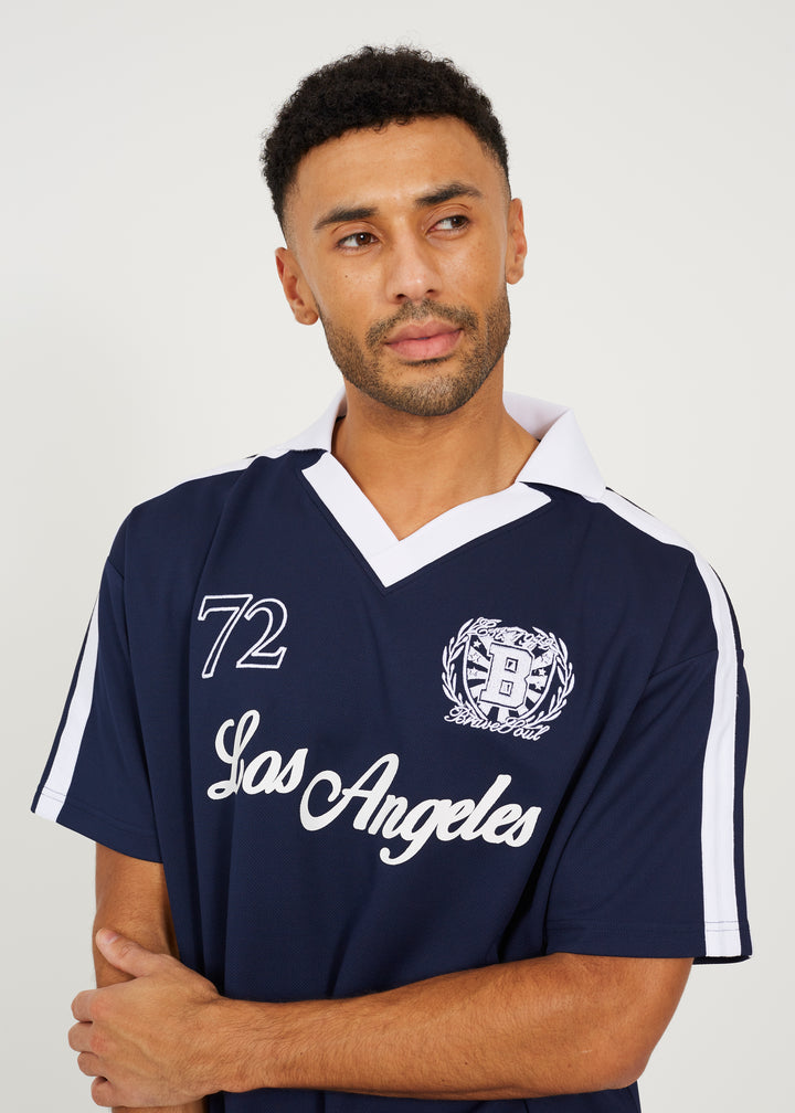 V-NECK FOOTBALL JERSEY STYLE POLO SHIRT, NAVY