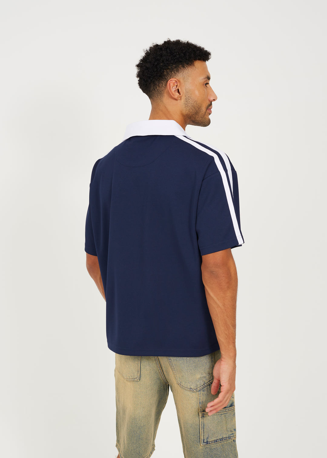 V-NECK FOOTBALL JERSEY STYLE POLO SHIRT, NAVY