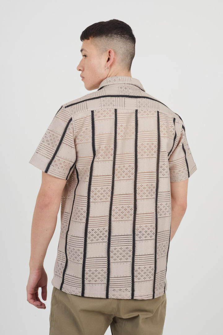 STRIPE PATTERNED TEXTURED SHIRT, MUSHROOM/BLACK
