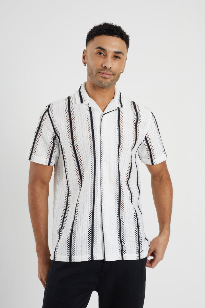 STRIPED SHORT SLEEVE REVERE COLLAR SHIRT, WHITE/BLACK