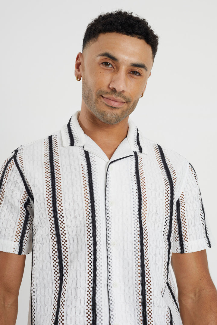 STRIPED SHORT SLEEVE REVERE COLLAR SHIRT, WHITE/BLACK