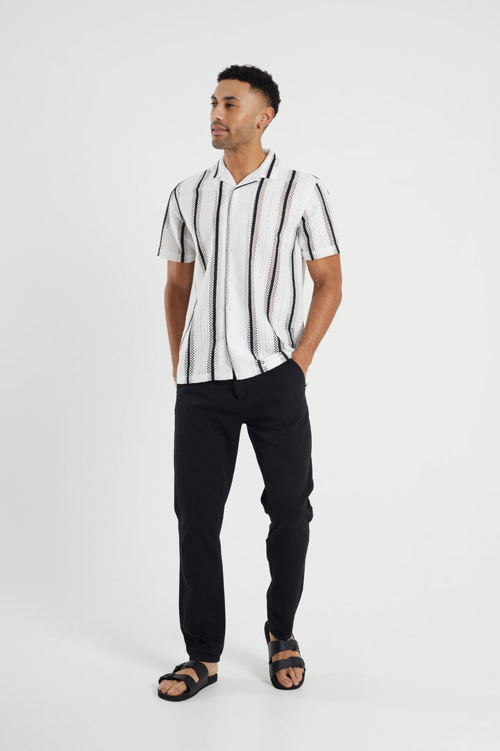 STRIPED SHORT SLEEVE REVERE COLLAR SHIRT, WHITE/BLACK