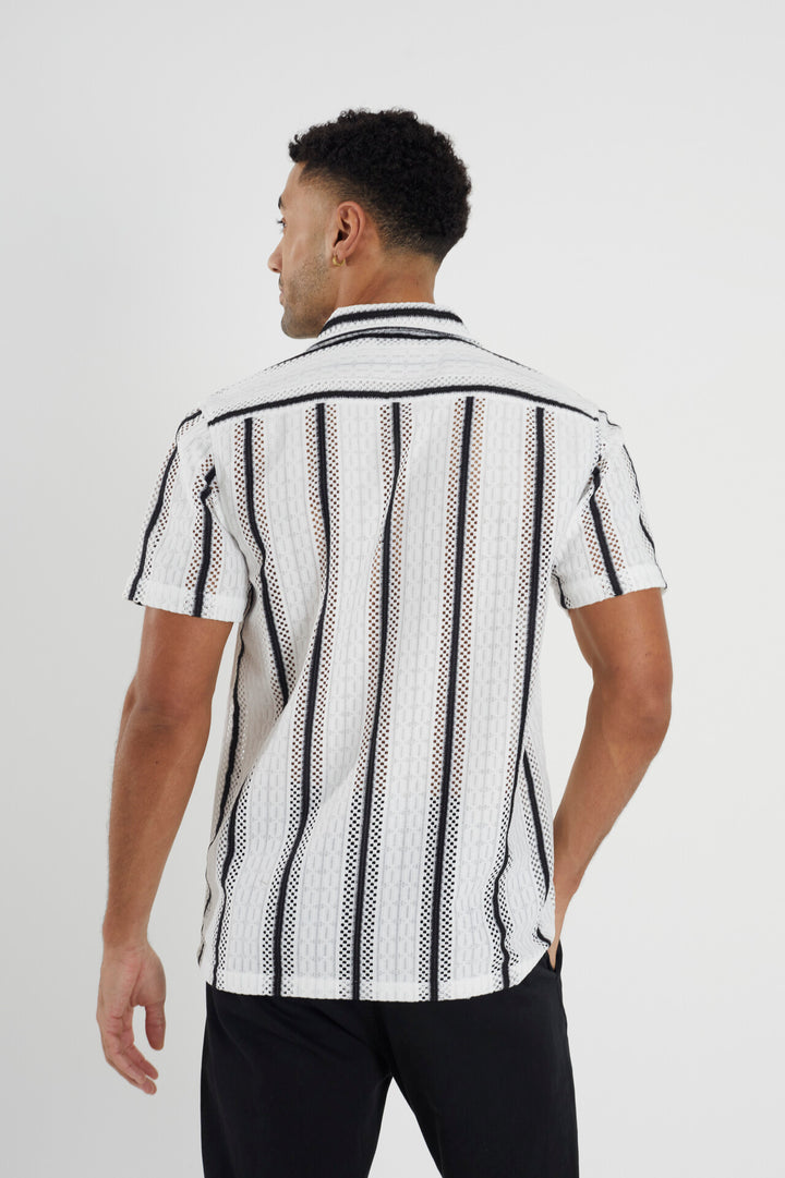 STRIPED SHORT SLEEVE REVERE COLLAR SHIRT, WHITE/BLACK