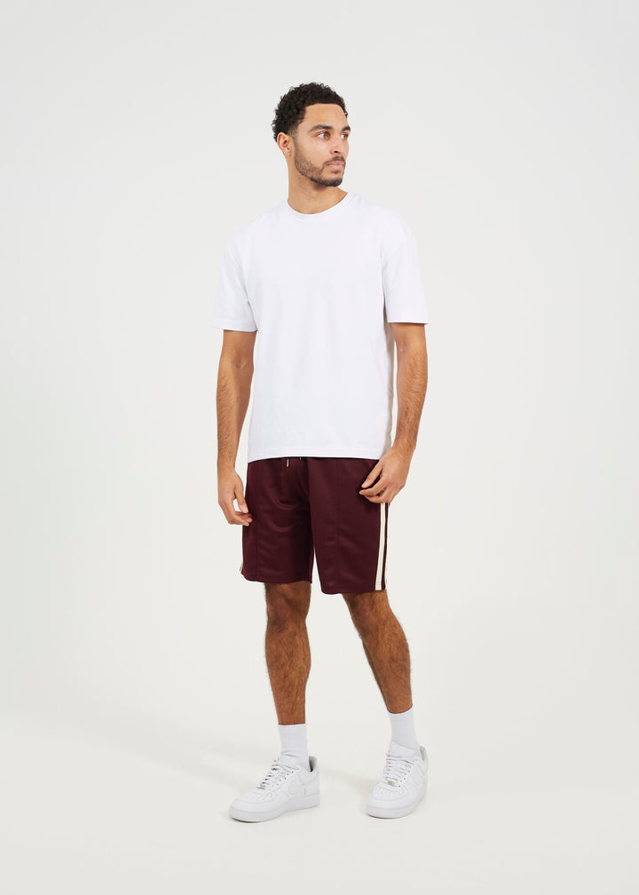 DOUBLE KNITTED TAPE STRIPE JERSEY SHORTS, BURGANDY
