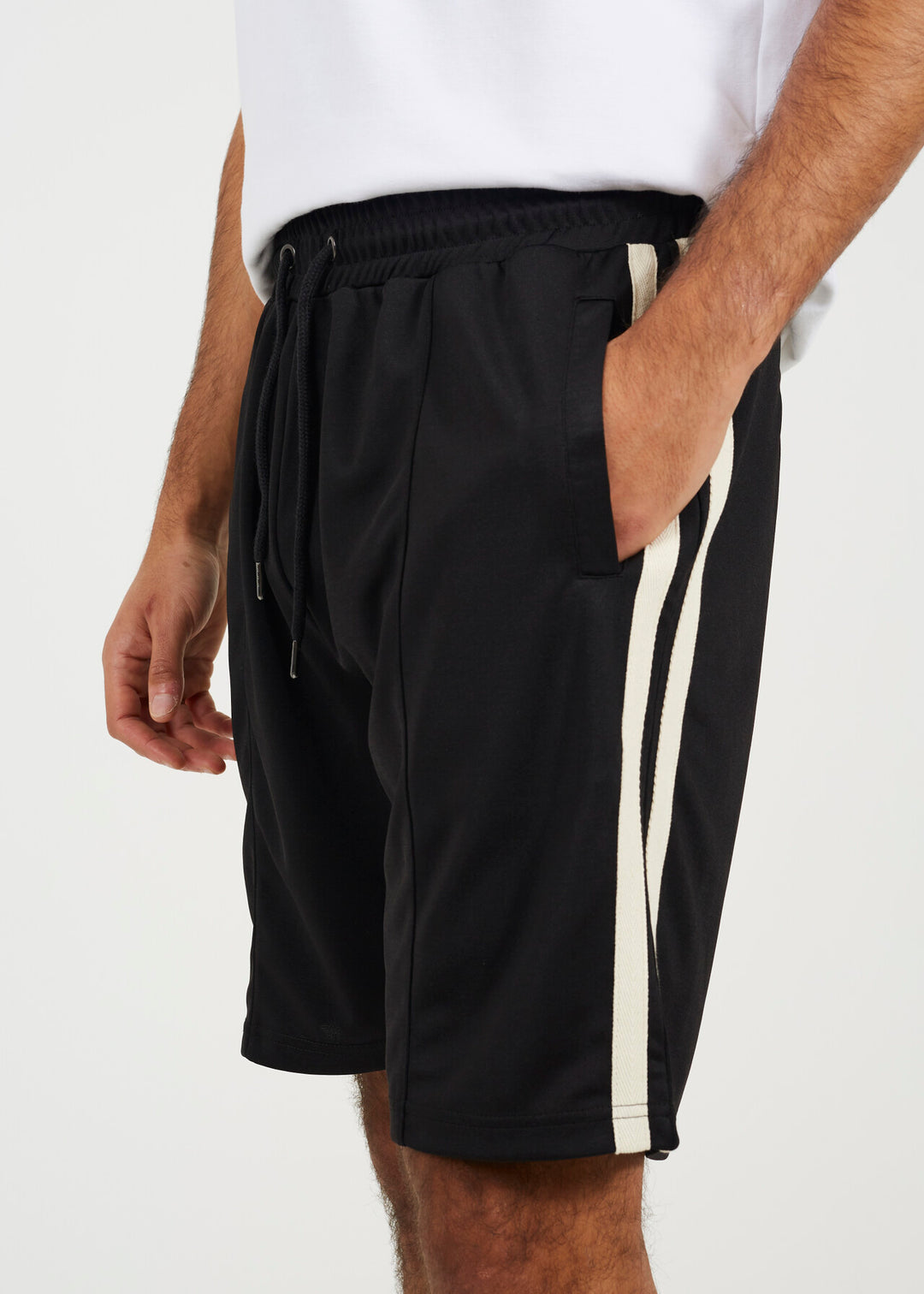 DOUBLE KNITTED TAPE STRIPE JERSEY SHORTS, JET BLACK